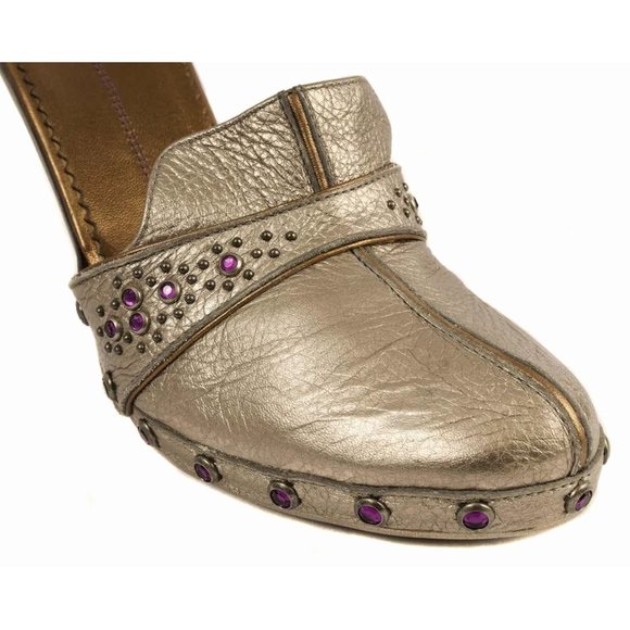 COLE HAAN G Series Metallic Pewter Leather Jeweled Accent Mule Heels - Picture 4 of 8